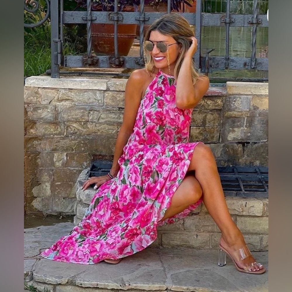 NWT Zara Pink Floral Print Cottagecore Boho Wedding Party Midi Halter Dress XS - Picture 4 of 15